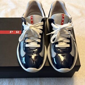 Prada Dark Blue and White Lace-Up Sneakers